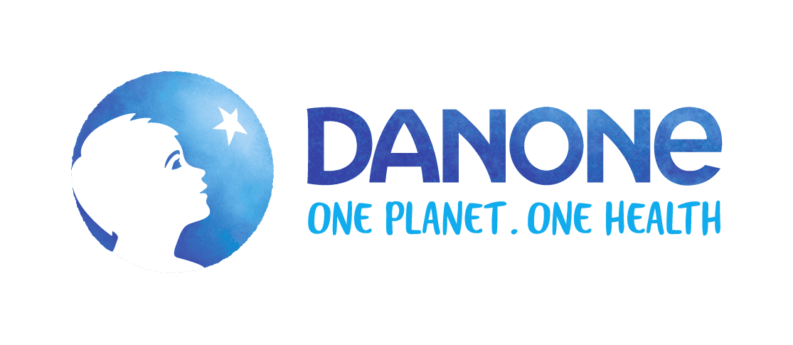 Logo with a child's silhouette facing a star in a blue circle, beside the word "DANONE" and the tagline "One Planet. One Health."