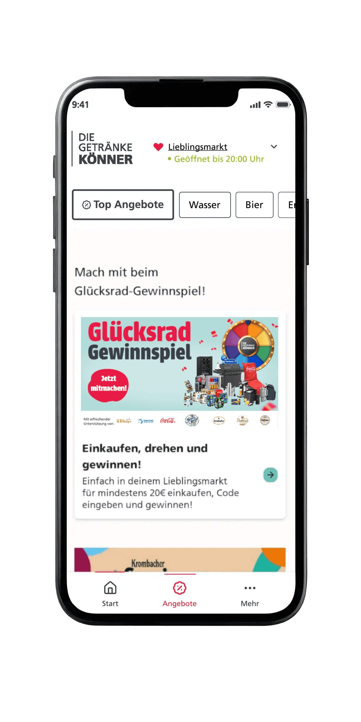 Smartphone screen showing a promotional app page for a wheel of fortune contest, featuring icons for offers and categories like water and beer.