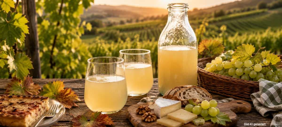 Federweißer Neuer Wein Bitzer A rustic outdoor table with glasses of juice, sliced bread, cheese, nuts, and grapes; background of vineyards at sunset.