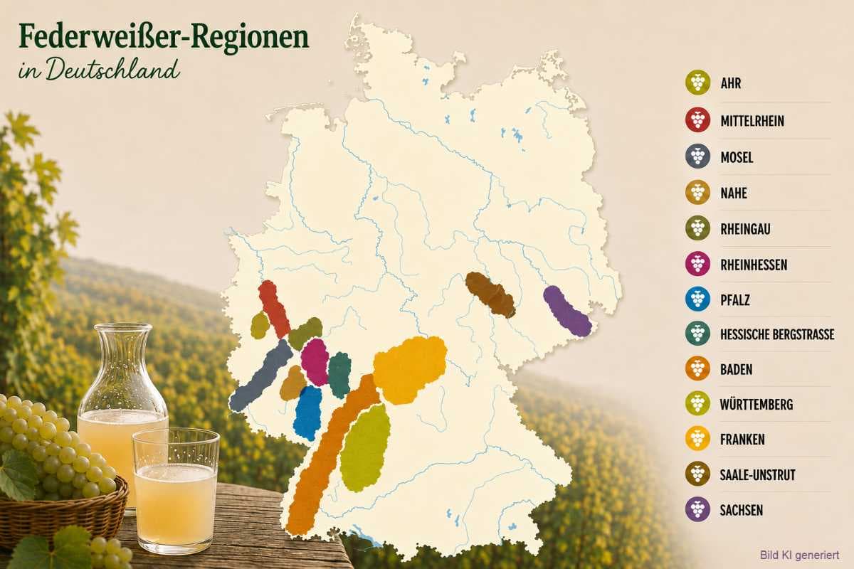 Federweißer Neuer Wein Bitzer Weinanbaugebiet Map of Federweißer regions in Germany with colored areas and labels for each region. Grapes and a glass of wine in the foreground.